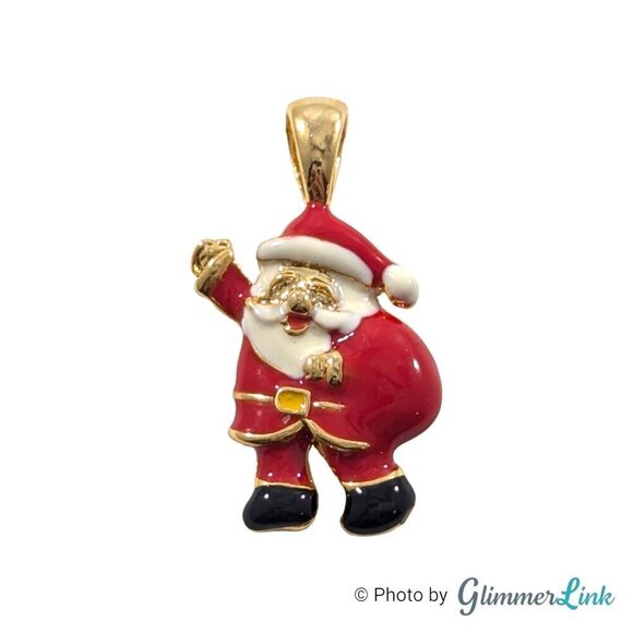 Vintage 90s Santa Claus Christmas Enamel Gold Tone Charm Pendant - Picture 1 of 6